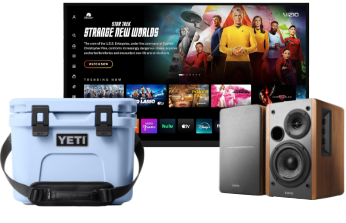 Example rewards from Amazon, including a TV, an icebox, and speakers.